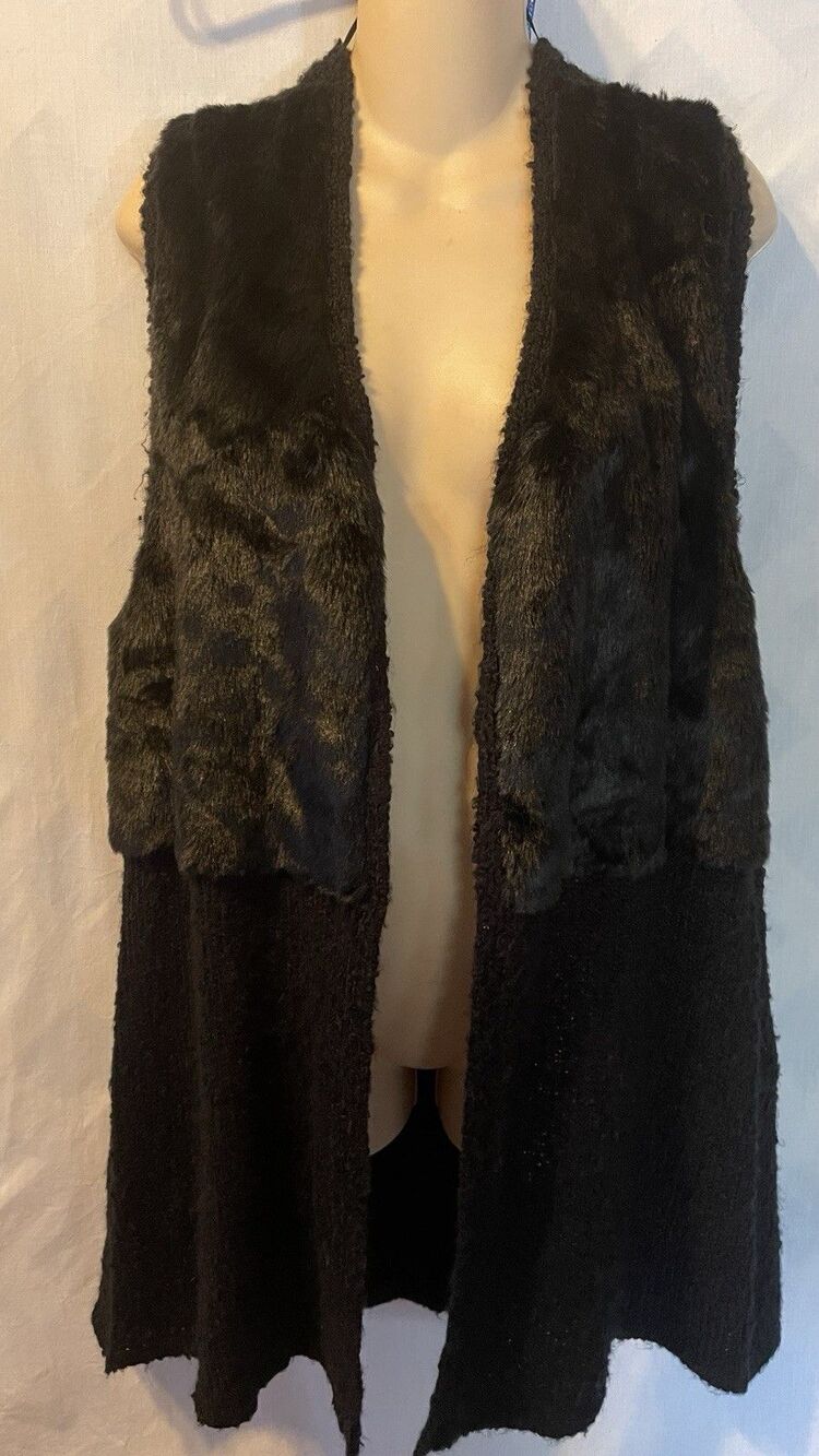 VTG Y2K 90's Valerie Stevens Black Faux Fur and Open Knit Long Sweater Vest XL
